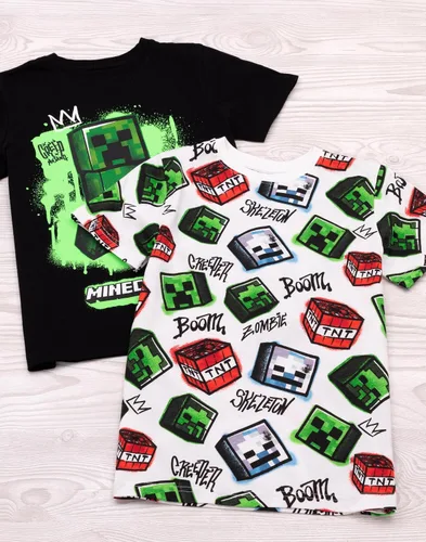 Vista 5 de Minecraft Paquete de 2 camisetas para niños, camiseta gráfica de manga corta en blanco y negro para niños y niñas, esqueleto y enredadera, conjunto