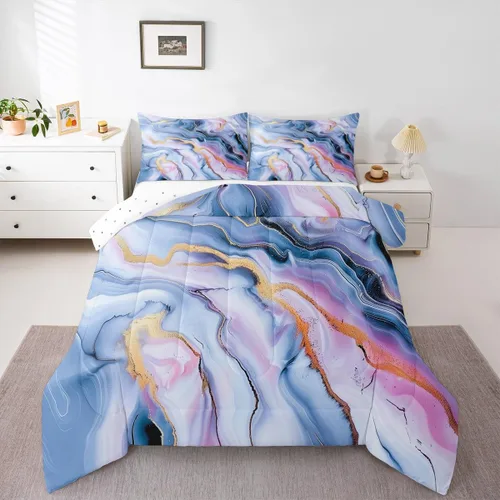 Vista 24 de Feelyou Juego de edredón abstracto para todas las estaciones, juego de ropa de cama negro y azul con 1 funda de almohada con estampado de mármol