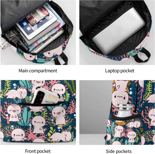 Vista 6 de MISOLAXI Axolotl - Mochila casual, mochila universitaria para laptop, mochilas para niños, niñas, niños y adultos, con correas acolchadas ajustables