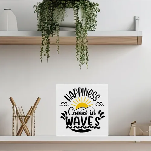 Vista 4 de Letrero de madera con temática de playa, decoración de casa de playa, con texto en inglés «Happiness Comes in Waves», letrero cuadrado de madera