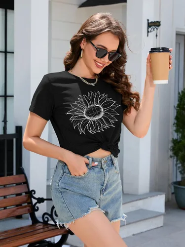 Vista 4 de DEARCASE Camiseta de otoño para mujer, diseño de girasol, holgada, cuello redondo, manga corta, informal, para mujer