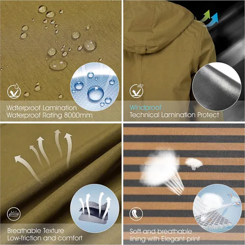 Vista 5 de ALPHA CAMP Men Waterproof Jacket with Hood Rain Coat Windbreaker All Weather Breathable Long Soft Shell