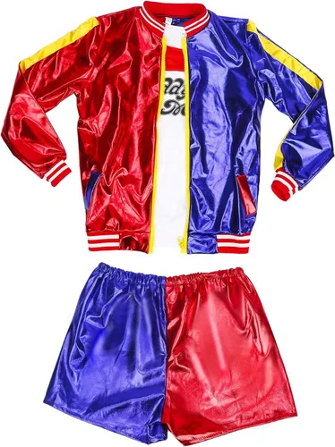Vista 8 de Anqtovp Conjunto de disfraces de cosplay de Joker para niñas, disfraces de escuadrón de Halloween para niños con chaqueta, pantalones cortos