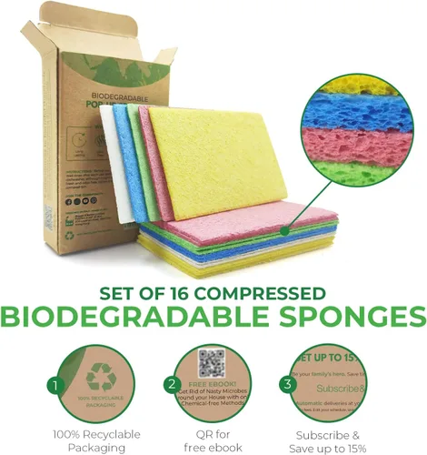 Vista 3 de AIRNEX Esponjas de celulosa comprimida – Paquete de 16 esponjas naturales para platos desplegables para cocina – Esponjas de limpieza compostables a