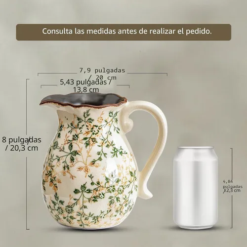 Vista 9 de Jarrón de cerámica verde y blanco con asa, florero rústico para decoración de hogar estilo “chinoiserie”, “grandmillenial” y toscano, jarrón