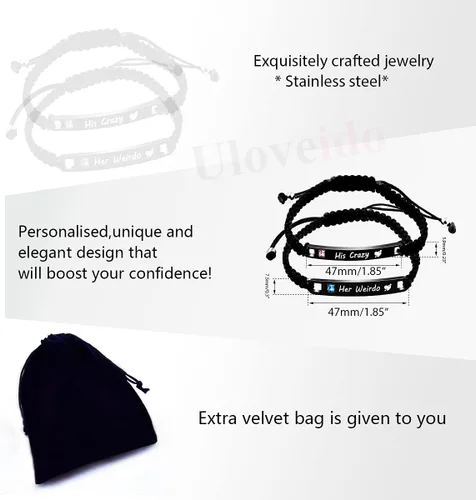 Vista 7 de Uloveido 1 par de pulseras trenzadas hechas a mano con grabado para parejas, parejas para él y ella, pulseras para hombres, mujeres, novio y novia