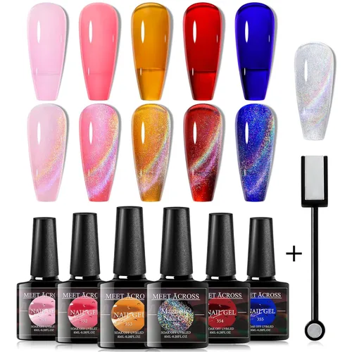 Vista 7 de MEET ACROSS Colorful Clouds - Juego de esmaltes de uñas de gel de ojo de gato, kit de manicura con luz LED UV, 6 colores con barra magnética