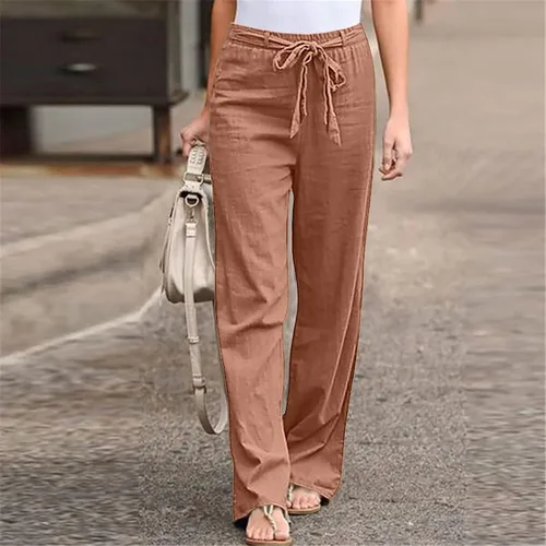 Vista 2 de DASAYO Pantalones largos casuales sueltos para mujer, bandas de lino, pantalones rectos lisos de talla grande, pantalones de moda, pantalones de yoga