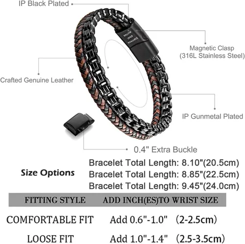 Vista 2 de murtoo Pulsera de cuero y acero, cadena de acero inoxidable y pulseras de cuero para hombre