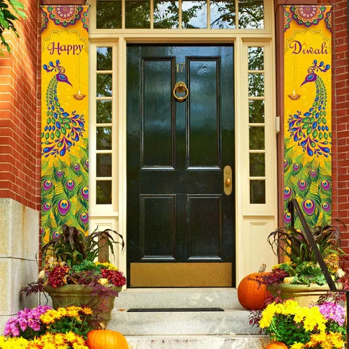 Vista 7 de Blulu Cartel de feliz Diwali para porche, decoración de Diwali para el hogar, pavo real, puerta, letrero de bienvenida, telón de fondo, decoración