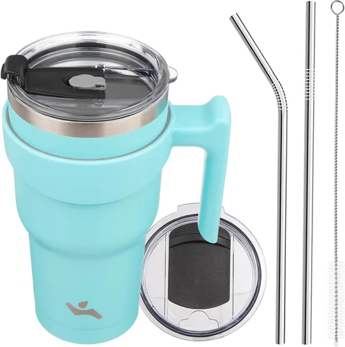 Vista 75 de Konokyo - Vaso de 10 onzas con asa y 2 popotes, 2 tapas, botella de agua aislada de acero inoxidable, taza de viaje reutilizable, color verde militar