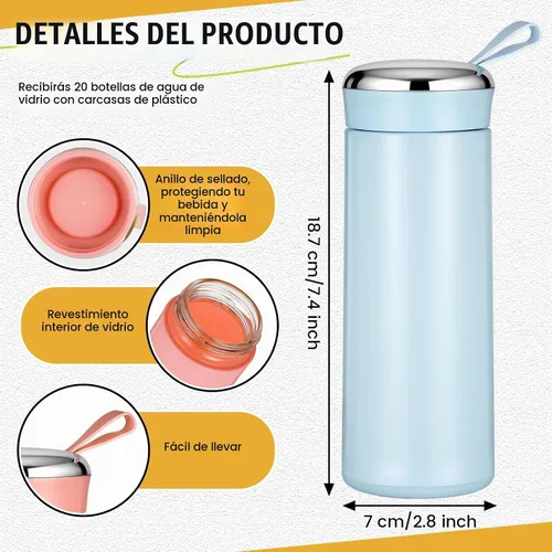 Vista 2 de 20 botellas de agua de 14 onzas con carcasa exterior de plástico, botella de agua de doble capa con asa, reutilizable, forro de vidrio para jugo