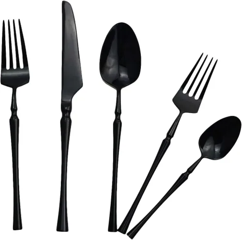 Vista 7 de Juego de cubiertos negros de 5 piezas de acero inoxidable 18/10 para 1, acabado espejo, ideal para bodas, festivales, fiestas, cocina en casa, apto