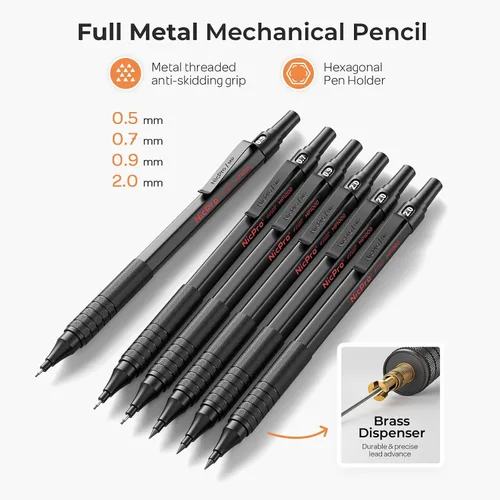 Vista 2 de Nicpro Juego de 35 lápices mecánicos de metal negro en estuche, lápices de dibujo artístico de 0.5, 0.7, 0.035 in y 3 soportes de plomo de grafito