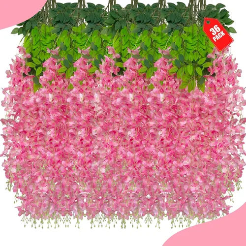 Vista 65 de Paquete de 12 flores colgantes de glicina rosa, flores colgantes falsas de 3.44 pies, guirnalda de glicina artificial para decoración de boda, telón