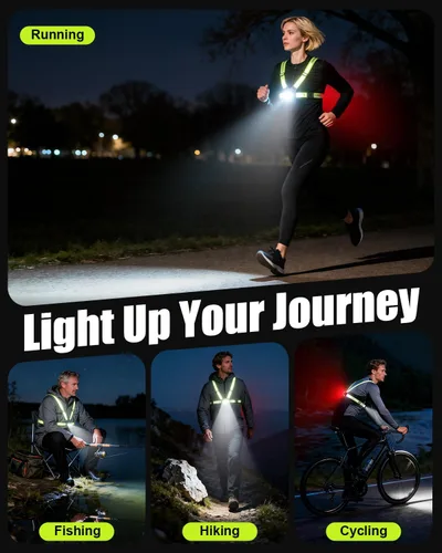 Vista 9 de Luces de Correr para Corredores, Luz de Correr de 500 Lúmenes con Luz de Alerta Roja Trasera, Haz Ajustable de 45° e Impermeable IPX4, Chaleco