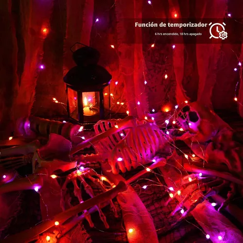 Vista 5 de BrizLabs luces de Halloween moradas y naranjas, guirnalda de luces de 17.48 pies con 50 LED para Halloween, con control remoto, 8 modos