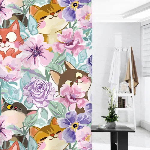 Vista 3 de Cortina de ducha con diseño de gatos, diseño floral de acuarela, diseño de animales divertidos, tela de poliéster, impermeable, 72 x 72 pulgadas