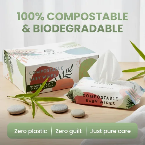 Vista 3 de Eco Wave Toallitas para bebé, 100% compostables ecológicas de bambú, sin olor, hipoalergénicas, veganas, sin alcohol, adecuadas para piel sensible