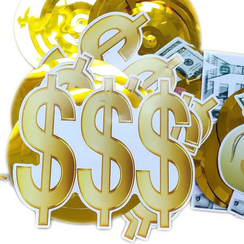 Vista 6 de Kit de decoración temática de dinero, carteles de billetes de dólar, pancarta de cumpleaños y espirales colgantes, símbolo de moneda
