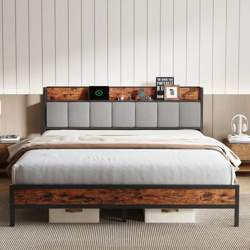 Vista 11 de Novilla Base de cama Queen con estación de carga USB/tipo C y cabecera de almacenamiento, marco de cama de plataforma de metal moderno, fácil