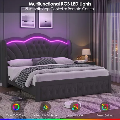 Vista 4 de Keyluv - Base de cama Queen con luces LED y 2 cajones de almacenamiento, plataforma tapizada en terciopelo con cabecera de 47" de altura