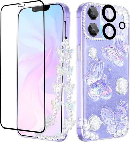 Vista 10 de Funda 3 en 1 para iPhone SE/7/8: diseño de mariposa 3D, purpurina, brillante, cristal, estilo lindo femenino, cadena y protector de pantalla