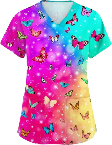 Vista 38 de Camisetas de uniforme médico de Navidad para mujer, talla grande, estampado ##896-Multicolor