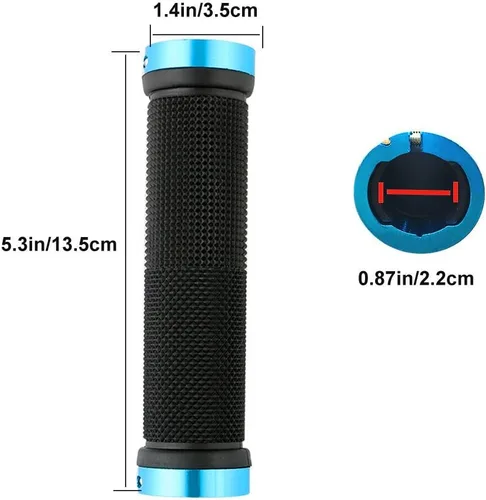 Vista 2 de 1 par de empuñaduras de manillar de bicicleta, empuñaduras de goma antideslizantes con doble anillo de bloqueo de aluminio azul, protector de mango