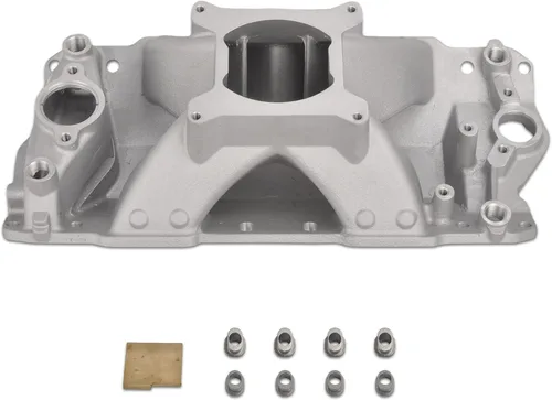 Vista 9 de Colector de admisión de doble plano satinado Compatible con SBC de bloque pequeño Chevy 265 350 400 de 1956-1986