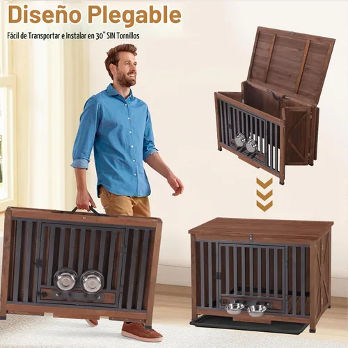 Vista 2 de Mueble de jaula para perros plegable, mesa de madera para perros con cuencos removibles giratorios de 360° y bandeja, perrera moderna para perros