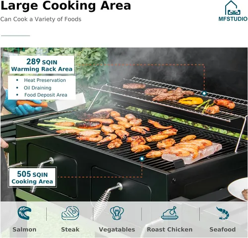 Vista 2 de MFSTUDIO Parrilla de carbón para barbacoa multifuncional extra grande de 49 pulgadas con control de temperatura, mesa auxiliar y bandeja de cenizas