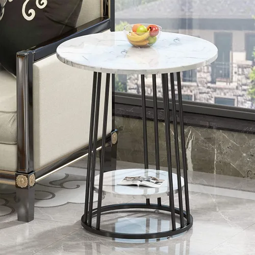 Vista 4 de Mesa de Centro 2 Tier Round Coffee Table, Creative Marble Pattern & Sturdy Metal e, Nordic Simple Small Side Table for Living Room, Balcony, Bedroom