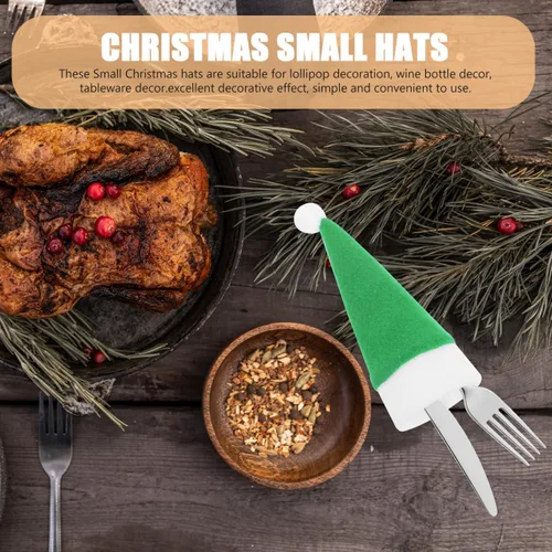 Vista 4 de Angoily 10 piezas de mini sombreros de Papá Noel de Navidad, soportes para cubiertos con bolsillos, tapas de botellas de vino, tapas de piruleta