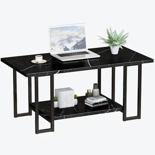 Vista 7 de AWQM Mesa de Centro de Mármol, Mesa de Centro Rectangular con Superficie de Mármol Sintético y Marco de Metal Negro, Mesa de Sala de 2 Niveles