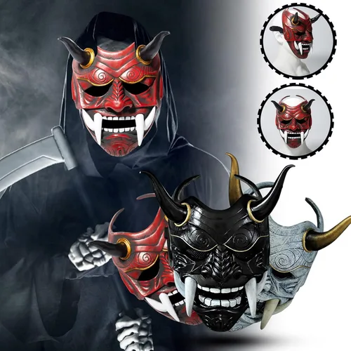 Vista 8 de Máscara de Halloween de miedo japonesa Hannya Oni, máscara de látex de cara completa Evil De-mon Mon-ster para hombres