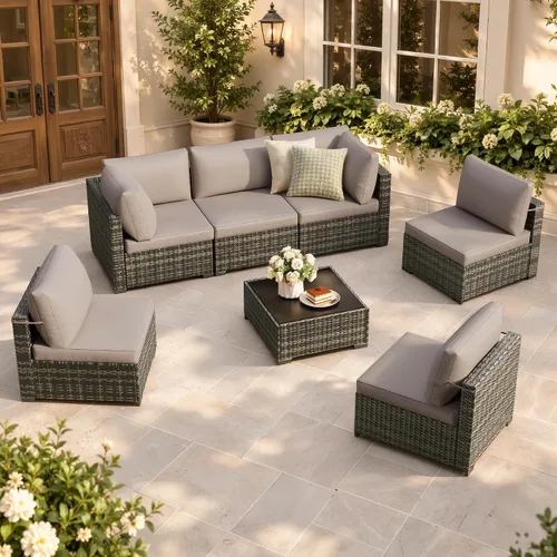 Vista 17 de Juego de 7 muebles de patio al aire libre, sofá seccional al aire libre, muebles de mimbre para patio, juego de conversación de patio con mesa