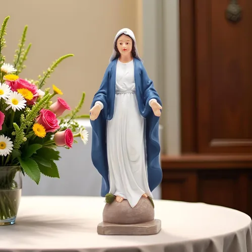 Vista 2 de Estatua de Nuestra Señora de Gracia – Figura de 8.5 pulgadas, decoración religiosa católica de resina para altar del hogar, mesa de oración, Azul