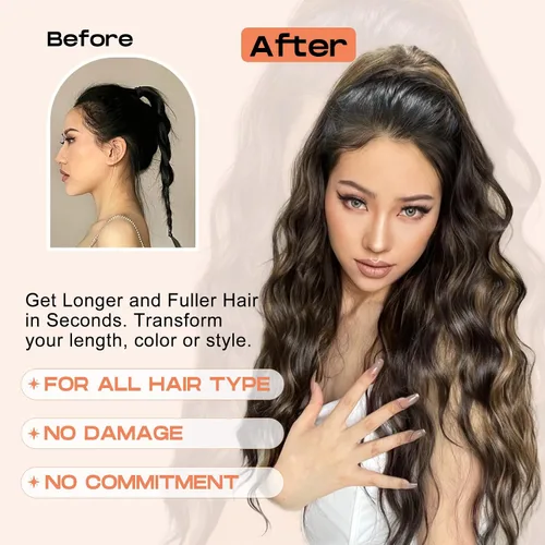Vista 3 de SEIKEA PT003 - Extensión de cola de caballo de 26 pulgadas, cola de caballo larga con cordón, extensiones de cabello ondulado con clip, extensiones