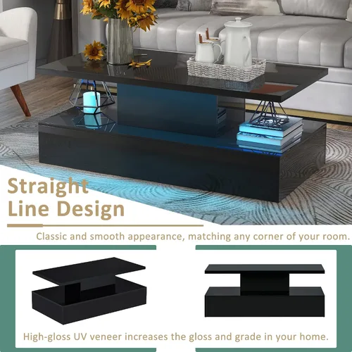 Vista 5 de Quarte Mesa de centro de estilo moderno de 2 niveles con iluminación LED de 16 colores, mesa de cóctel con control remoto y gran lugar