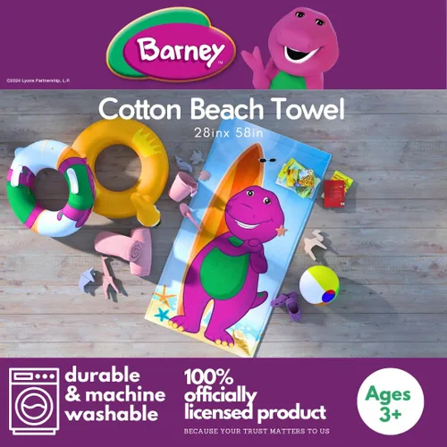 Vista 2 de Barney Classic - Toalla de baño de algodón súper suave para niños, 58 x 28 pulgadas, (producto oficial con licencia) Franco