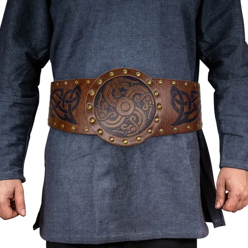 Vista 4 de HiiFeuer Fenrir Vegvisir - Armadura de pecho en relieve con cinturón ancho en relieve vikingo y brazalete retro nórdico, juego de disfraz