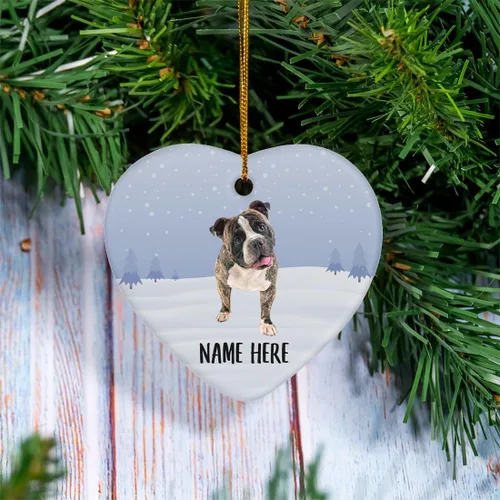 Vista 2 de Personalized Name American Bully Brindle White Christmas Tree Ornaments Ceramic Heart Decorations Gifts for Dog Lovers