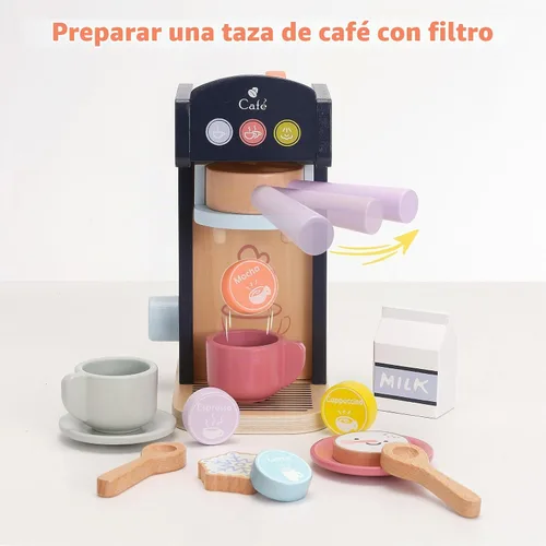 Vista 2 de PairPear - Cafetera de madera para niños, accesorios de cocina 15 piezas de juguetes de cocina de madera para alimentos, cafetera para niños