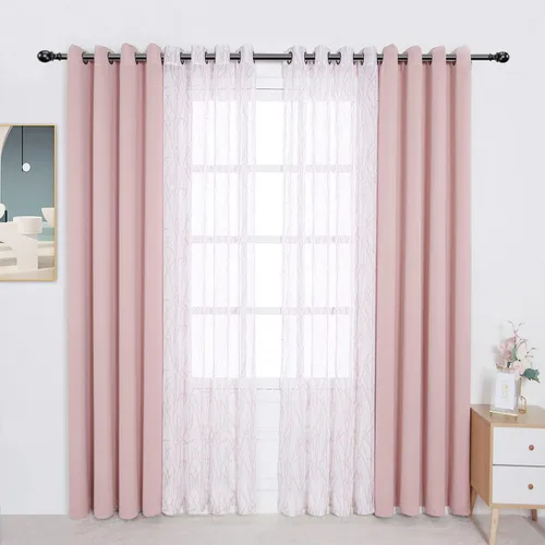 Vista 24 de BONZER Cortinas para Mezclar y Combinar - 2 Piezas de Cortinas Transparentes con Estampado de Ramas y 2 Piezas de Cortinas Opacas para Dormitorio
