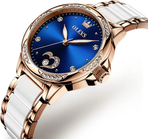Vista 9 de OLEVS Relojes de oro rosa para mujer relojes automáticos con pulsera de cerámica de acero inoxidable de dos tonos relojes de cuerda automática