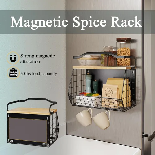 Vista 2 de Mefirt Estante Magnético para Refrigerador con Tapa de Madera, Cesta de Frutas Resistente, Contenedores de Almacenamiento de Frutas, Papas