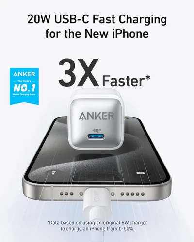 Vista 2 de Anker Bloque de cargador USB C, 20 W PIQ 3.0 de carga rápida compacta para iPhone 17/16/15 y más series, Galaxy, Pixel 4/3, iPad