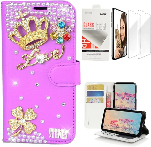 Vista 5 de Bling - Funda de piel tipo cartera compatible con Samsung Galaxy S21 Ultra - Elegante - 3D hecha a mano con colgante de hojas de lujo con protector