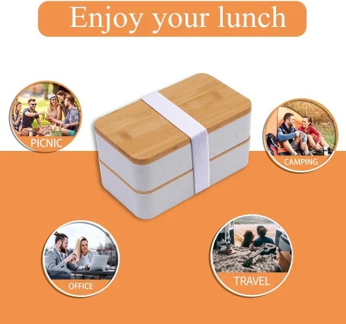 Vista 6 de Lonchera japonesa de bambú Bento con compartimentos y utensilios, apilable, incluye bolsa de almuerzo para preparación de comidas, color beige